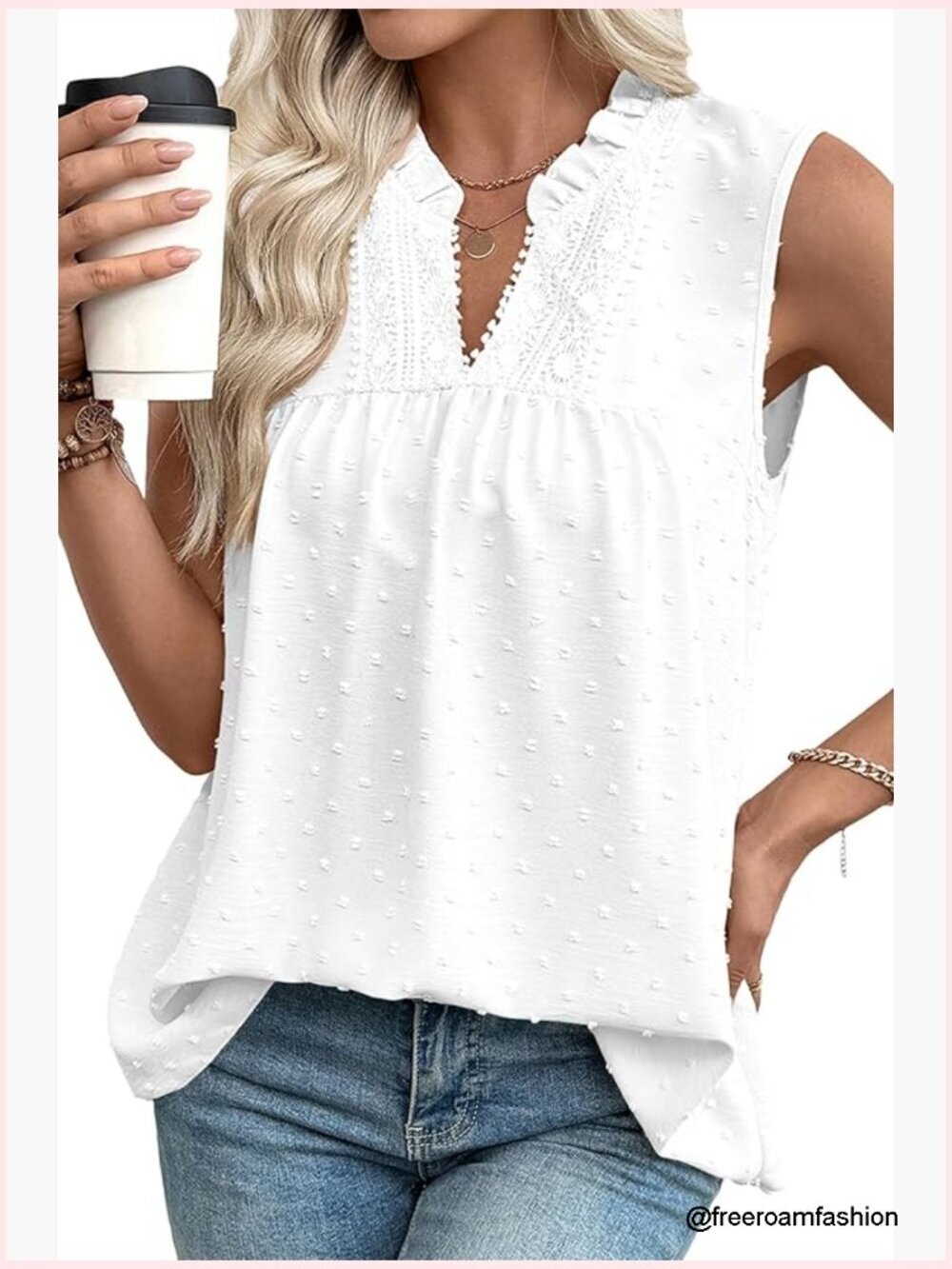 Elegant Swiss Dot Smocked Sleeveless Blouse - Dressy Casual V Neck Top